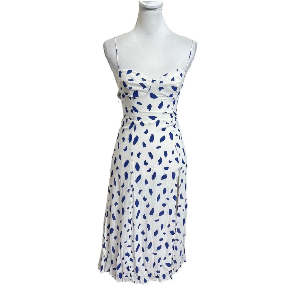Reformation Juliette Midi Dress in Dalmatian White Blue A Line Women’s Size 2